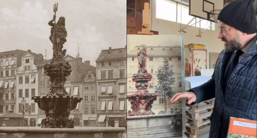 ZDJĘCIA FACEBOOK/FOTOPOLSKA.EU. Prezydent Jacek Sutryk przy zdjęciu fontanny, której fragmenty odnaleziono. Z lewej Neptun, który zastąpił starszą wersję i stał na placu do 1945 roku