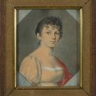 Amalia Kalter z domu Palsner, popiersie w białej sukni i czerwonym szalu, ok. 1811....
