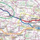  Wariany rozbudowy autostrady A4 (kolor czerwony:&nbsp;odcinek w starym śladzie,...